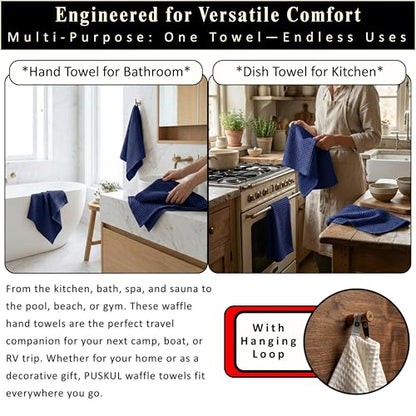 PÜSKÜL Natural 100% Turkish Cotton Waffle Kitchen and Hand Towels, 3-Piece | Navy Blue, 32x16" Large, Premium 3D Honeycomb Weave Soft Absorbent Quick-Dry Lint-Free Dish Towel, Oeko-Tex Made in Turkey - color: Navy Blue, size: Kitchen & Hand Towels Pack of