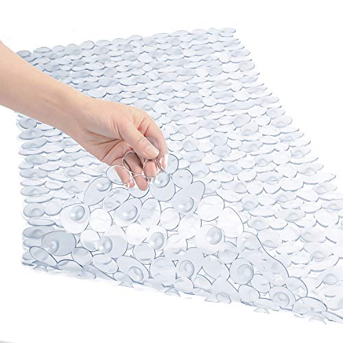 WELTRXE Non Slip Bath Mat Pebbles Bathtub Mat with Suction Cups, Drain Holes for Bathroom Showers, Tub, 35 x 16 Inches Machine Washable Bathroom Mats BPA, Latex Free Safe Shower Mats - Clear - color: Pebbles-clear, size: 35" x 16" (Rectangular)