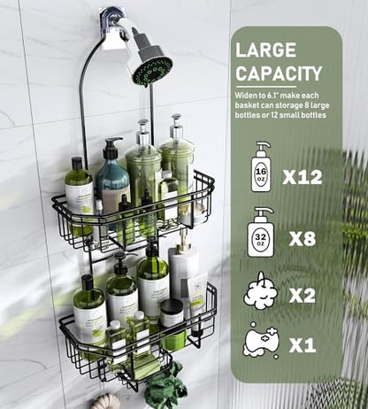 WXCGX Hanging Shower Caddy Over Shower Head Organizer: Stainless Rustproof Bathroom Storage Rack Basket with Soap Holder, Hooks - Large Capacity Bathroom Shelf for Shampoo, Conditioner