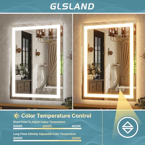 GLSLAND LED Bathroom Mirror - 26"x40" Anti-Fog Lighted Wall Mirrors with Memory Function, Dimmable, Frontlit & Backlit, Horizontally/Vertically, Tempered Glass - size: 40"L x 26"W