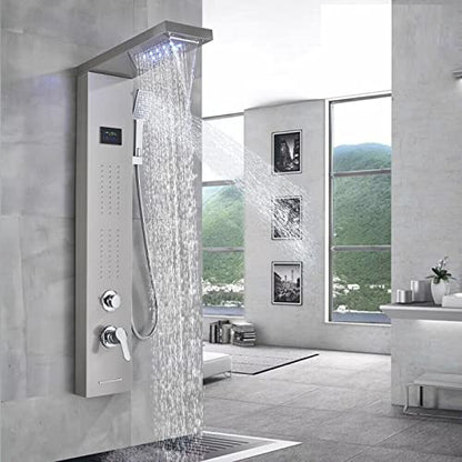 LED Light Shower Panel Tower Rainfall Waterfall Shower Head with Massager Jets Body System Jet Black B (Color : Brushed Nickel B) - color: Brushed Nickel B