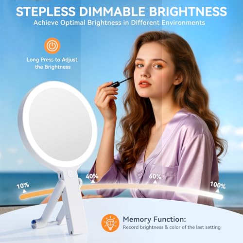 Auxmir 30X/1X Magnifying Travel Makeup Mirror with Lights, 3-Color Dimmable | 56 LEDs, 3 color modes, stepless dimming, dual-side touch control, 2000mAh rechargeable, 3-in-1 tabletop, handheld or hanging