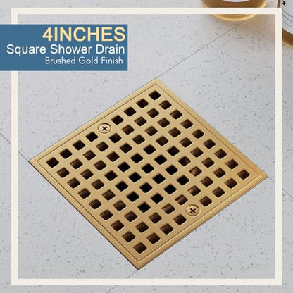 4" Square Shower Drain Kit, Champagne Bronze | ABS Flange & Hair Catcher, Low Profile Floor Drain, 304 Stainless Steel, Fits 2"/3" Pipes - color: Champagne Bronze