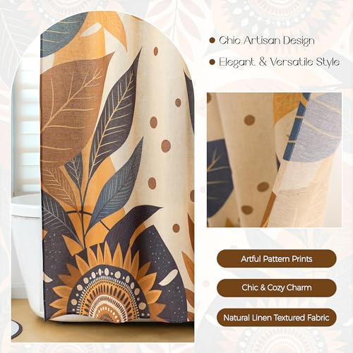 Burnt Orange Botanical‌ Pattern Linen Shower Curtain Set with Liner | Double Layer Shower Curtain Waterproof Fabric with Zippered Removable PEVA Liner,Boho Shower Curtain for Bathroom,Free Hooks - color: Sunflower
