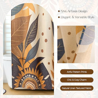 Burnt Orange Botanical‌ Pattern Linen Shower Curtain Set with Liner | Double Layer Shower Curtain Waterproof Fabric with Zippered Removable PEVA Liner,Boho Shower Curtain for Bathroom,Free Hooks - color: Sunflower