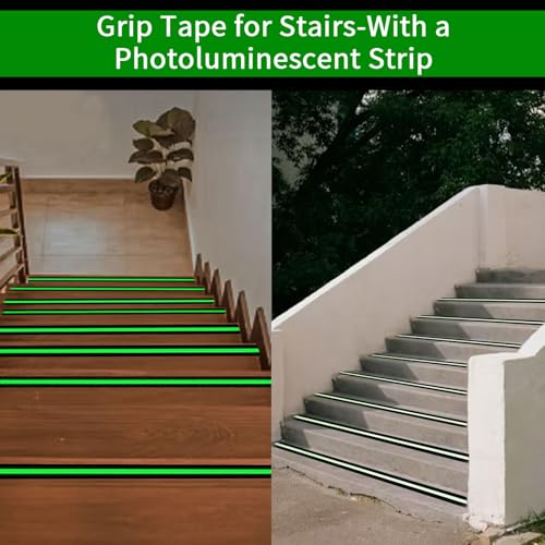 Glow in Dark Anti Slip Tape, 2" x50FT Heavy Duty Waterproof Safety Grip Tape for Stairs, Pool, Bathroom - Black & Glow Stripe Indoor/Outdoor Multi-Purpose Traction Tape - size: 2 Inch x 50 Feet
