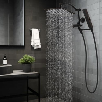Hibbent All Metal CUPC Certified 8'' Rain Shower Head, Dual Shower Head Combo, High Pressure Handheld 4 Sprays Shower Wand, 16'' Adjustable Extension Arm, 71'' Hose, Shower Holder, Oil Rubbed Bronze - color: Oil Rubbed Bronze, style: Square 8''
