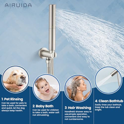 Airuida 3-Function Shower System with Tub Spout – Round Rainfall Shower Faucet Combo,Handheld Spray with 2 Functions,Includes Rough-In Valve with 360° Rotating Drain,12 Inch Shower Head,Brushed Nickel - color: Brushed Nickel, size: 12 Inch