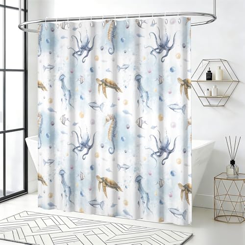 Yeele Ocean Creatures Watercolor Shower Curtain, Turtle Octopus Blue Print Shower Curtain, Waterproof Machine Washable Fabric Bath Curtain 60x72 Inch with Grommets and Hooks - color: Blue 1, size: 60"Wx72"L
