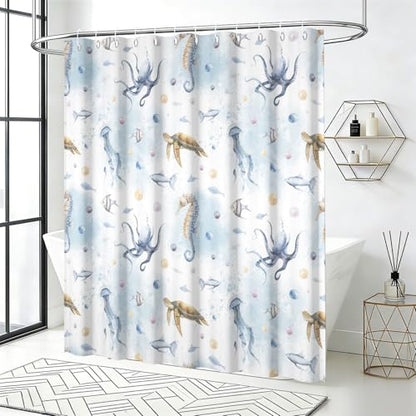 Yeele Ocean Creatures Watercolor Shower Curtain, Turtle Octopus Blue Print Shower Curtain, Waterproof Machine Washable Fabric Bath Curtain 60x72 Inch with Grommets and Hooks - color: Blue 1, size: 60"Wx72"L