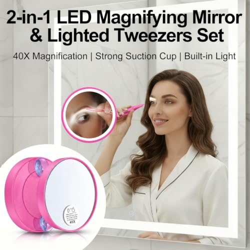 LED Lighted Tweezers & 40X Magnifying Mirror with Suction Cup Set, 2 in 1 No-Hands Makeup Mirror with Light and Precision Light Up Tweezers(Pink) - color: Pink