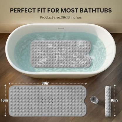 Non-Slip Bath Tub Mat, 39x16 Inch Extra Large Shower Mat with Drain Holes & Suction Cups, Machine Washable, Clear - color: Clear Beige