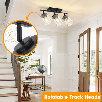 FadimiKoo 3-Lights Semi Flush Mount Ceiling Light, Adjustable Kitchen Light Fixtures Ceiling Mount with Clear Glass Shades, Rotatable Black Track Lighting Fixtures for Hallway, Foyer, Bedroom - color: Black, size: 3-Lights