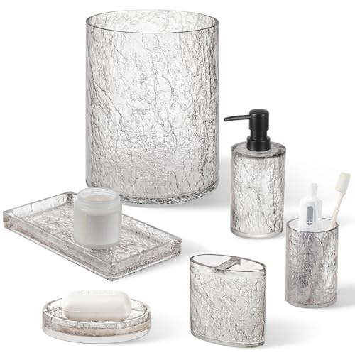 RQYIXI Resin 6-Piece Bathroom Accessories Set, Silver Crackle, Trash Can | bathroom accessories set clear resin silver ice crackle texture shatterproof unbreakable modern countertop organization - size: 6pcs