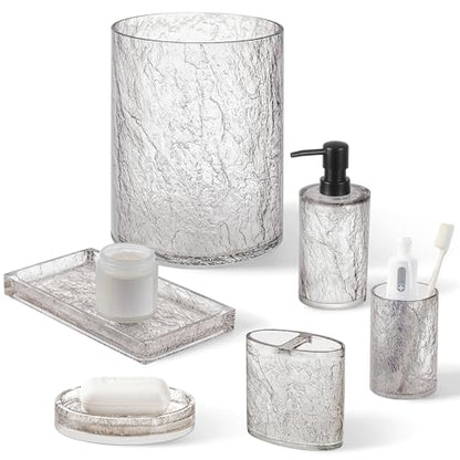 RQYIXI Resin 6-Piece Bathroom Accessories Set, Silver Crackle, Trash Can | bathroom accessories set clear resin silver ice crackle texture shatterproof unbreakable modern countertop organization - size: 6pcs