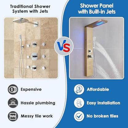 ROVOGO Gold Shower Panel Tower System W/Led Lights & 5 Shower Modes, 46.5" | Rainfall Waterfall Shower Head, 4 Body Massage Jets, Handheld and Tub Spout, Stainless Steel Shower Column with Brass Valves - color: Gold-4 jets