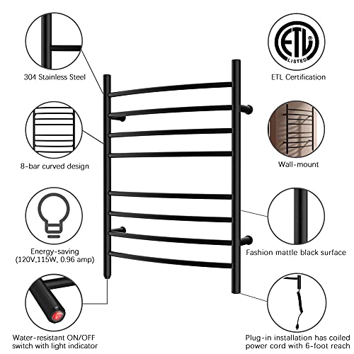 8-Bar Towel Warmer, Heated Towel Rack, Plug-in, Matte Black | 304 Stainless Steel Curved 8-Bar Wall-Mounted Towel Warmer With Plug-In Installation Only For Bathrooms - color: Matte Black