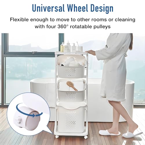 Japard 18 Gal Rolling Laundry Hamper Ultra Slim, Vertical 3 Sorter Cart with Wheels and Breaks, 3-tier Baskets Detachable for Dorm, Closet, Easy Assembly White Gray - size: 3 Tier
