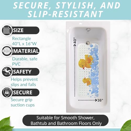 ENKOSI Non-Slip Bath & Shower Mat 40x16 Extra Long, Suction & Drain Holes | Fun rubber duck print for kids; Durable PVC; 40x16 in, Duck - color: Duck Print