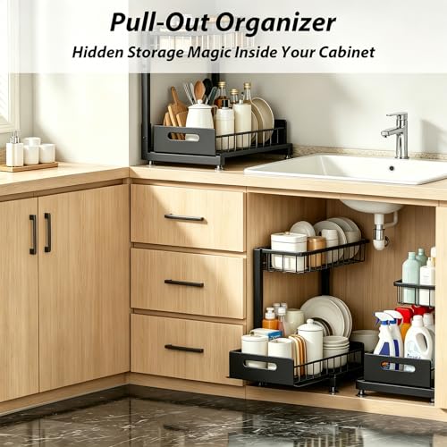 Upgraded Under Sink Organizer, 2 Tier Pull Out Kitchen Cabinet Organizer Metal Slide Out Bathroom Organizers and Storage Makeup Drawer Organizer for Office Bedroom Restroom Livingroom, 1 Pack