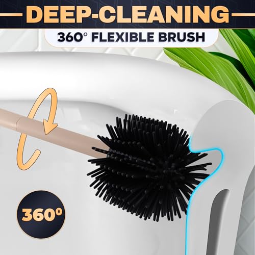 Silicone Toilet Brush and Holder Set - Cream RV Toilet Brush with Holder, Flexible Head, Soft Bristles, Detachable Handle and Freestanding Base, Compact Bathroom Cleaning Tool with Minimalistic Design - color: Cream