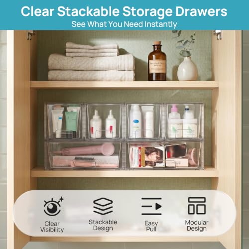 Vtopmart Clear Stackable Storage Drawers, 6 Pack Large Organizer Set | Wide and Medium Pull-Out PET Drawers with Stackable Design for Larger Storage Needs, Kitchen Cabinets, Closets and Pantry - style: 2 Wide+4 Medium