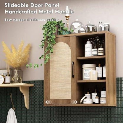 RUSTOWN Boho Rattan Bathroom Wall Cabinet with Sliding Door, Rustic Oak | Farmhouse Bathroom Cabinet, Adjustable Shelves, Over The Toilet Storage Cabinet, 3-Tier Wall Mounted Cabinets - color: Natural Oak