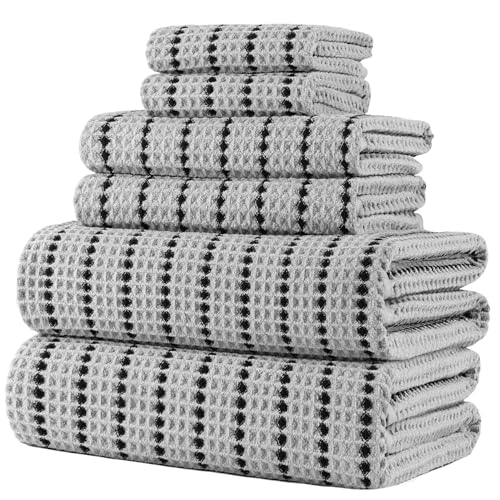 POLYTE 430 GSM Poly Blend Microfiber Quick Dry Waffle Bath Towel Set of 6 | 2-Body Towels, 2-Hand Towels, 2-Wash cloths, Oversize, Lint Free - color: Light Gray/Black