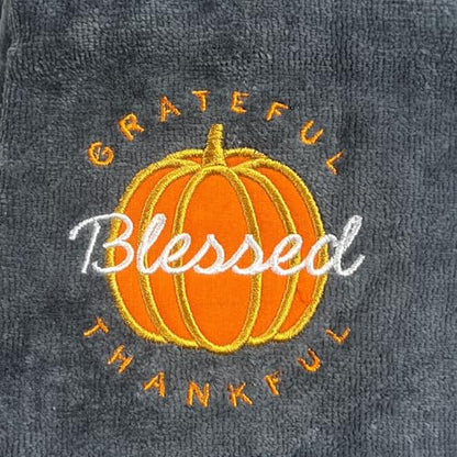 Serafina Home Harvest Fall Hand Towels for Bathroom: Plush Gray Grey Embroidered Grateful Thankful Blessed Orange Pumpkin Design for Bath, 100% Cotton, 16" x 25" Inches, Oeko-TEX Certified - color: Grateful