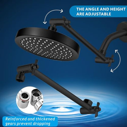 High Pressure Rain Shower Head with 11'' Extension Arm - High Flow Rainfall Showerhead - Luxury Modern Look - Pressure Boosting (Round, Matte Black) - color: Matte Black, style: 6" Round
