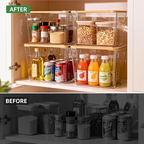 4 Pack Pantry Storage Containers for Onions, Potatoes and Trash Bags | Clear Design for Easy Access, Premium Bamboo Lid, Multi-Functional & Stackable Storage - size: 4 Pack
