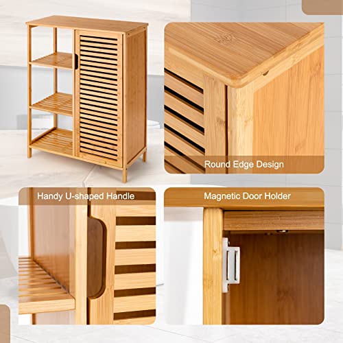 Tangkula Bamboo Bathroom Floor Cabinet, Storage Cabinet with Shutter Door and 3 Tier Shelves, Freestanding Bathroom Cabinet for Living Room Kitchen Hallway, Natural - style: Single Door