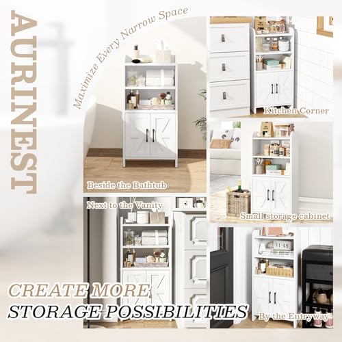 Small Bathroom Storage Cabinet, Farmhouse Freestanding Toilet Paper Storage with 2 Doors and Shelves, Slim Bathroom Storage Cabinet for Small Spaces, White, 7.9" D x 14.2" W x 29.5" H