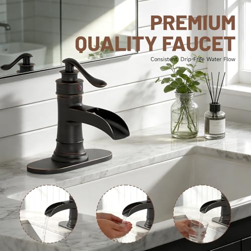 Oil Rubbed Bronze Waterfall Bathroom Faucet Single Handle One Hole | with Pop Up Drain & Supply Lines,Lead-Free Solid Brass,Farmhouse Faucet for Sink 1-3 Hole,Deck Mount,by Bathfinesse - color: A-Oil-Rubbed Bronze