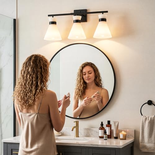 Matte Black Bathroom Vanity Lights, 3-Light Bathroom Light fixtures Over Mirror, Modern Vanity Lighting Fixtures with Frosted Glass Shades E26 Base,Wall Mount Scones for Mirror (Bulbs Not Included) - color: Black