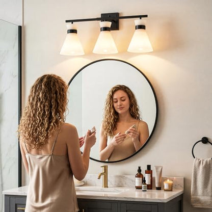 Matte Black Bathroom Vanity Lights, 3-Light Bathroom Light fixtures Over Mirror, Modern Vanity Lighting Fixtures with Frosted Glass Shades E26 Base,Wall Mount Scones for Mirror (Bulbs Not Included) - color: Black