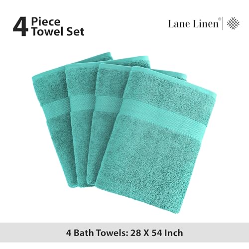 LANE LINEN Bathroom Towels Set (4 Pack)- 100% Cotton Luxury Bath Towels for Bathroom, Soft Shower Towels, Quick Dry Turkish Bath Towels, Super Absorbent Hotel Quality Bath Towel Set (28"x 54")- Teal | Set Of Towels - Dobby Border Accent, OEKO-TEX Certifie