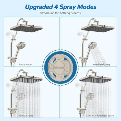 Hibbent cUPC Certified High Pressue 13'' Rainfall Shower Head with 5-Spray | Shower Heads with Handheld 10-Spray Combo, All Metal Easy Reach 4-way Diverter Arm, 71'' Hose & Holder, Brushed Nickel - color: Brushed Nickel, style: Square 13"