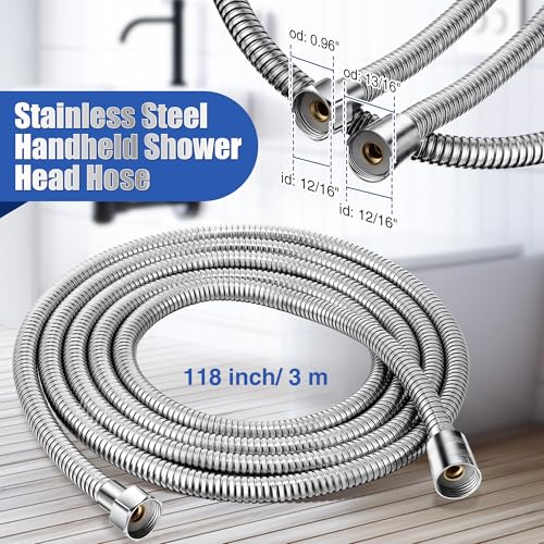 Dreyoo 3 Way Shower Head Splitter Kit, Brass G1/2 Diverter Valve with 118 Inch Stainless Steel Hose, Universal Shower Diverter for Dual Heads, Includes PTFE Tape - size: 118 in