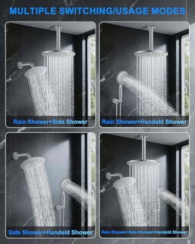 Shower System with Pressure Balance Valve, 10" Ceiling Mount Shower Faucet Set with 2 Rain Shower Head And Multi-function Handheld Head Push Button Diverter Pressure Balancing Valve Kit, Chrome - color: Chrome Polished, style: 10"-Round