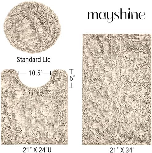 Standard 3pc Set Chenille Bath Mats, Includes 21"x24" U-Shaped Contour Toilet Rug, 21"x34" Inches Bathmat and 1 Toilet Lid Cover, Plush Absorbent Bath Mats Quick Dry, Beige - color: Beige, size: 24"x21", 34"x21" and TLC (Set)