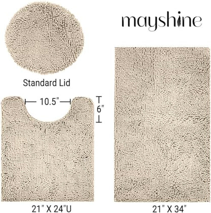 Standard 3pc Set Chenille Bath Mats, Includes 21"x24" U-Shaped Contour Toilet Rug, 21"x34" Inches Bathmat and 1 Toilet Lid Cover, Plush Absorbent Bath Mats Quick Dry, Beige - color: Beige, size: 24"x21", 34"x21" and TLC (Set)