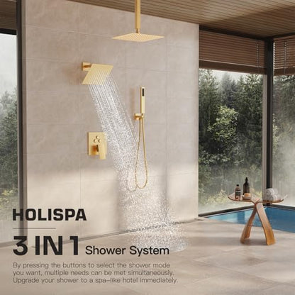 Gold Shower System, All Metal Dual Rain Shower Head with Handheld | 3-In-1 Push Button Valve and Trim Kit, Brushed Gold SUS304 10" Ceiling & 8" Wall Mount Heads, Bathroom Shower Faucet Set - color: Brushed Gold