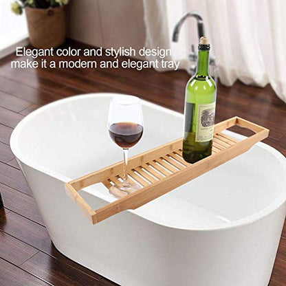 Bathtub Tray — Bath Storage Rack with Wine Glass Holder for Tub Accessories, Snacks, and Book, 27.3 Inch Length, Natural Wood Finish