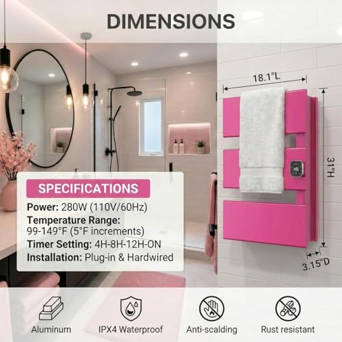 3 Panel Pink Heated Towel Rack for Bathroom Towel Warming | Fast-heat in 2-3 minutes. Dry towels in 4 hours. Smart thermo control and precise timer, Work with Smart Plug. - size: 3 Panel
