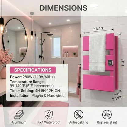 3 Panel Pink Heated Towel Rack for Bathroom Towel Warming | Fast-heat in 2-3 minutes. Dry towels in 4 hours. Smart thermo control and precise timer, Work with Smart Plug. - size: 3 Panel
