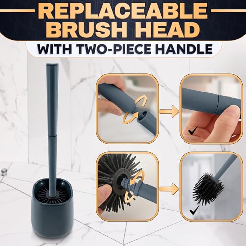 Toilet Brush and Holder, Silicone and Plastic (Grey) | Toilet Brush and Plunger Set, Easy to Place and Simple to Store After Use, Compact Bath Accessory for Small Spaces - color: Gray