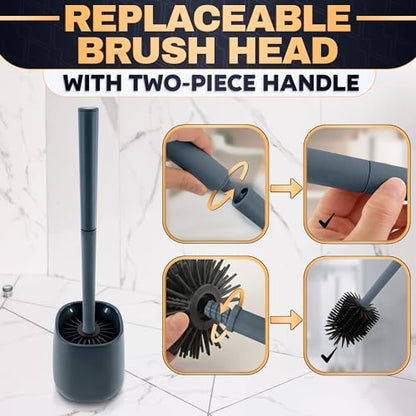 Toilet Brush and Holder, Silicone and Plastic (Grey) | Toilet Brush and Plunger Set, Easy to Place and Simple to Store After Use, Compact Bath Accessory for Small Spaces - color: Gray