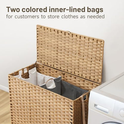 Laundry Hamper with Wheels, 39.6 Gallon(150L) Rolling Laundry Basket with Lid, Removable Large 2 Color Liners & 3 Mesh Laundry Bags, Clothes Hamper with Side Pocket, Natural - color: Natural, size: 23.62"L x 15.75"W x 25.6"H