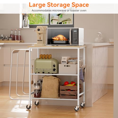 NTE Rolling Kitchen Microwave Cart, 3 Tier Microwave Stand with Storage, Small Kitchen Island on Wheels, Kitchen Storage Cart with 6 Hooks for Kitchen, Coffee Bar, Living Room, Balcony - color: White